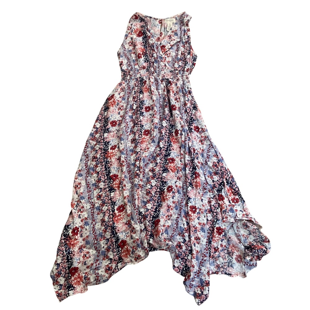 Jessica Simpson Floral Handkerchief Hem Midi Red White Blue Smocked Waist M
